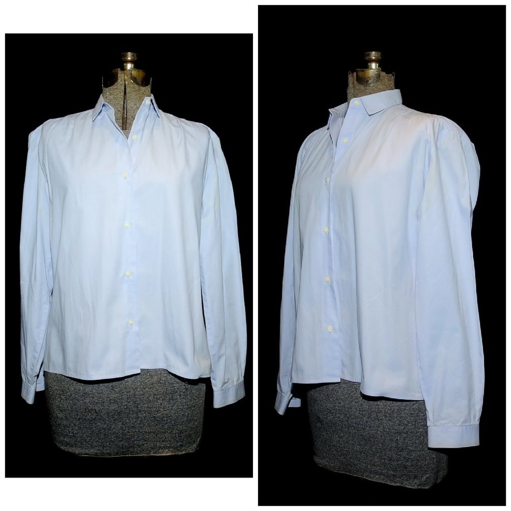 Vintage 80's Jimmy Chen Mandarin Hotel, Baby Blue Cotton Button Front Blouse M/L
